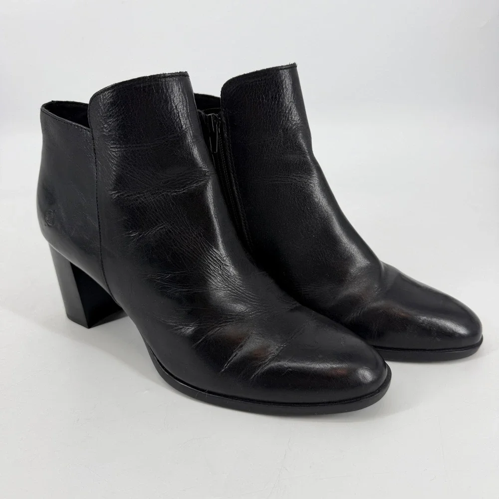 Born Black Leather‎ Ankle Boots Block Heel Side Zip Womens Size 11 Comfort